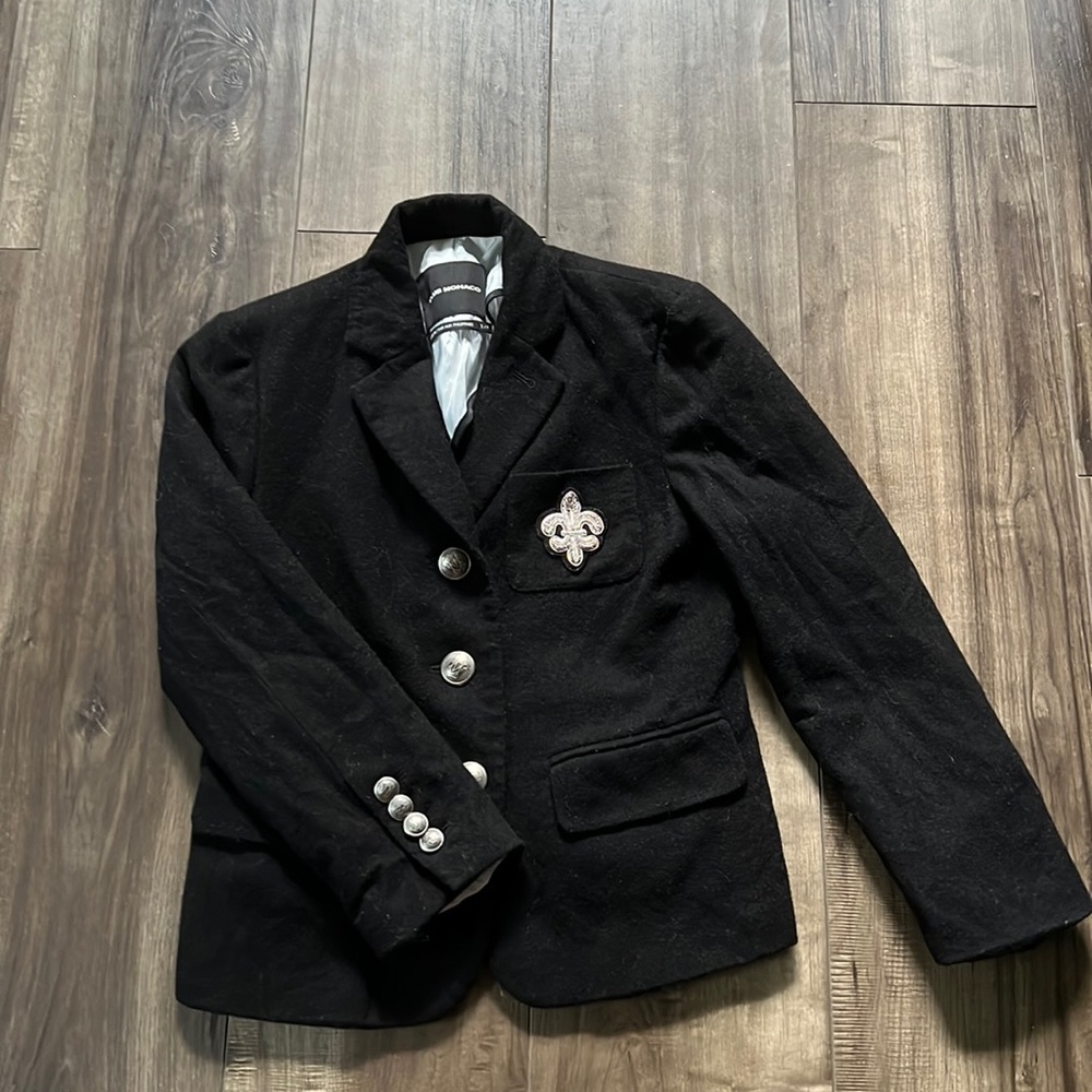 Club Monaco wool blazer with button front and fleur de lis crest on pocket